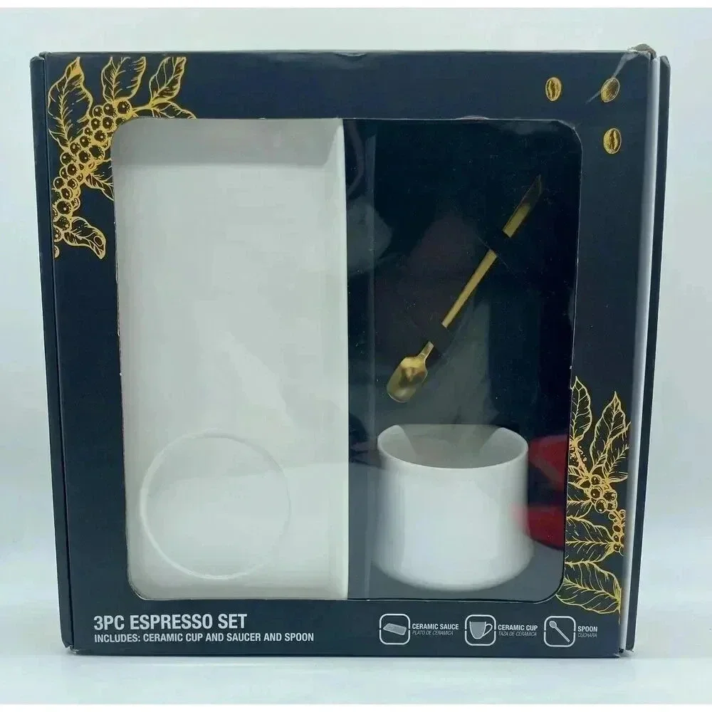 3pc Espresso Coffee Set White & Gold Ceramic Cup Saucer & Spoon By Cook Prep Eat